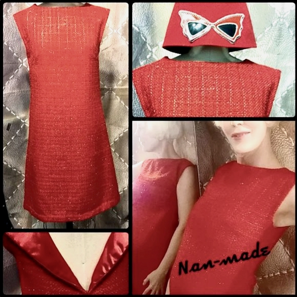 Nan-made Linton Red Metallic Thread Tweed Shift Aline Dress.